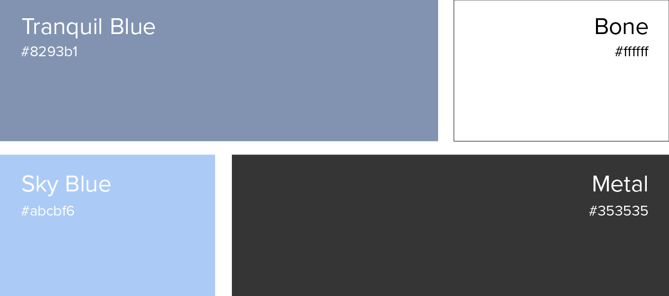Color palette with Tranquil Blue, Bone, Sky Blue, and Metal swatches on a light background