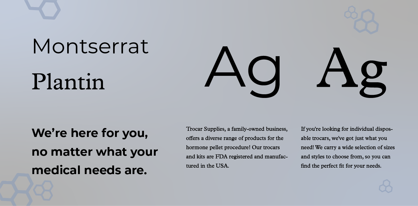 Typography sample with Montserrat and Plantin fonts, large “Ag” letters, and small descriptive text on a gray background