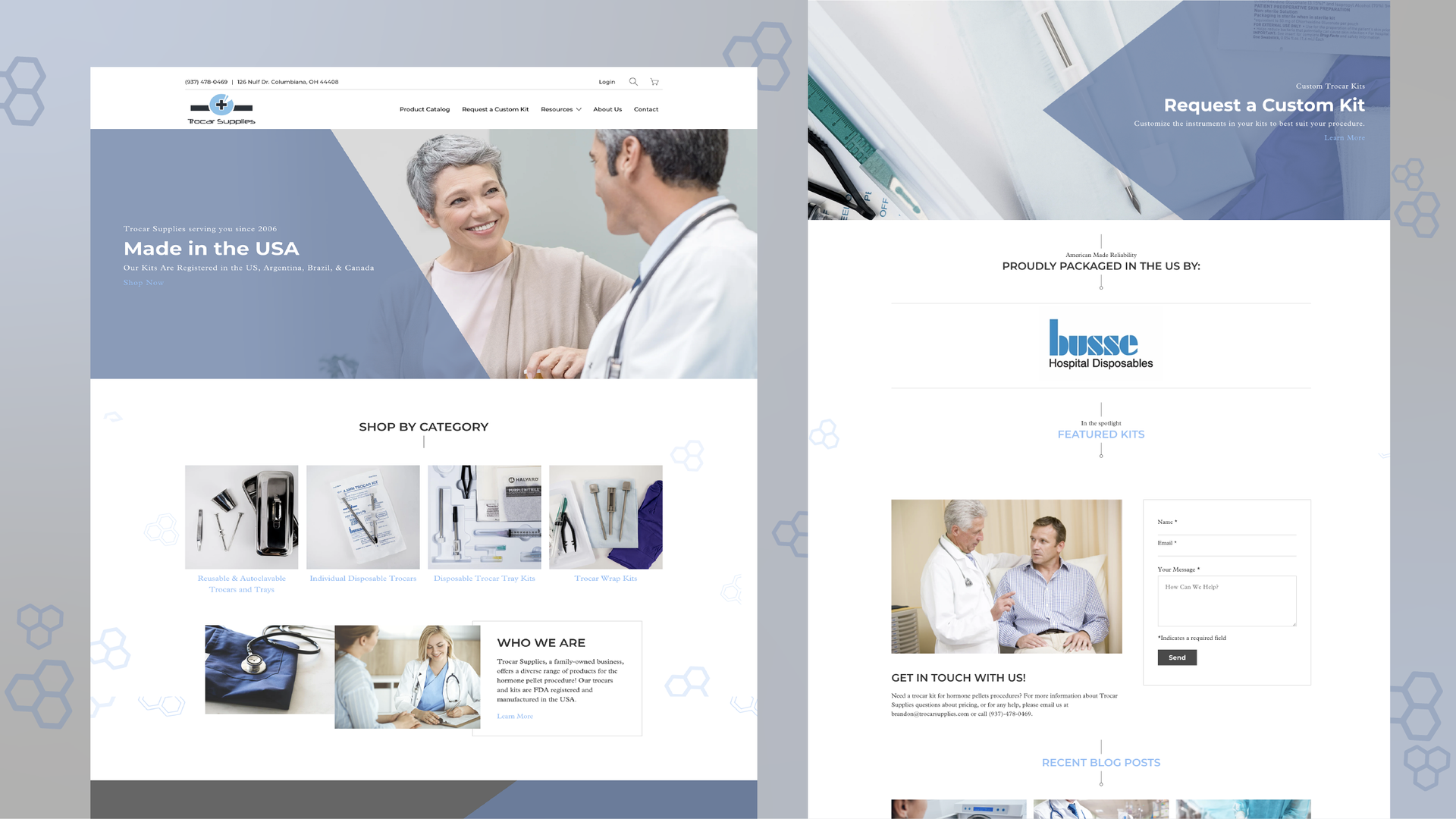 Side-by-side healthcare website mockups with a smiling patient, blue-and-white design, and medical images
