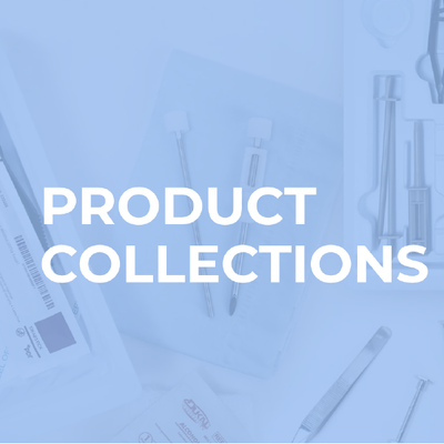 Blue-tinted product collection graphic with pens and stationery, titled “PRODUCT COLLECTIONS”