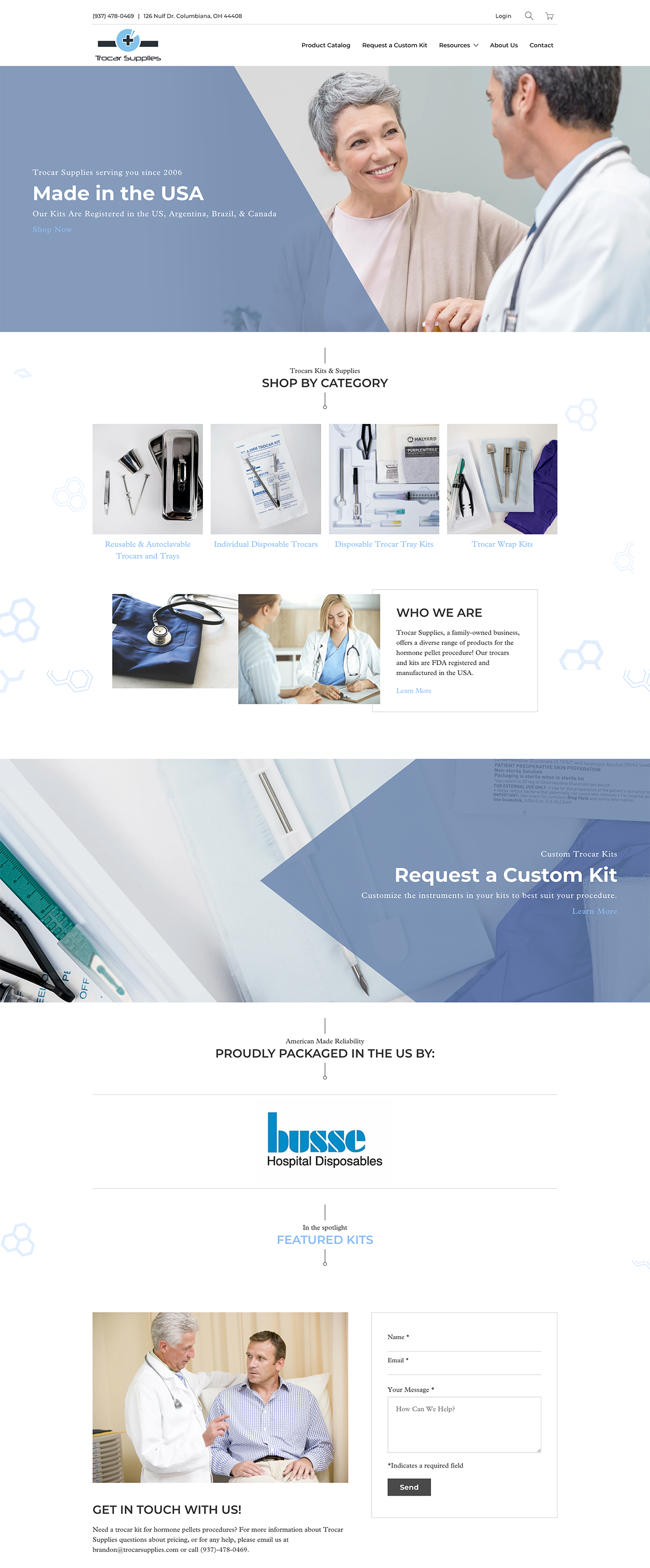 Healthcare website homepage mockup with blue banner, patient-doctor photos, and contact form sections