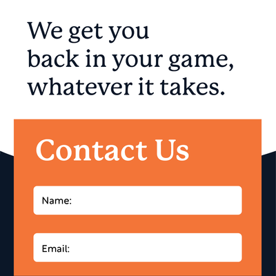Orange “Contact Us” form with “We get you back in your game, whatever it takes” text and name/email fields