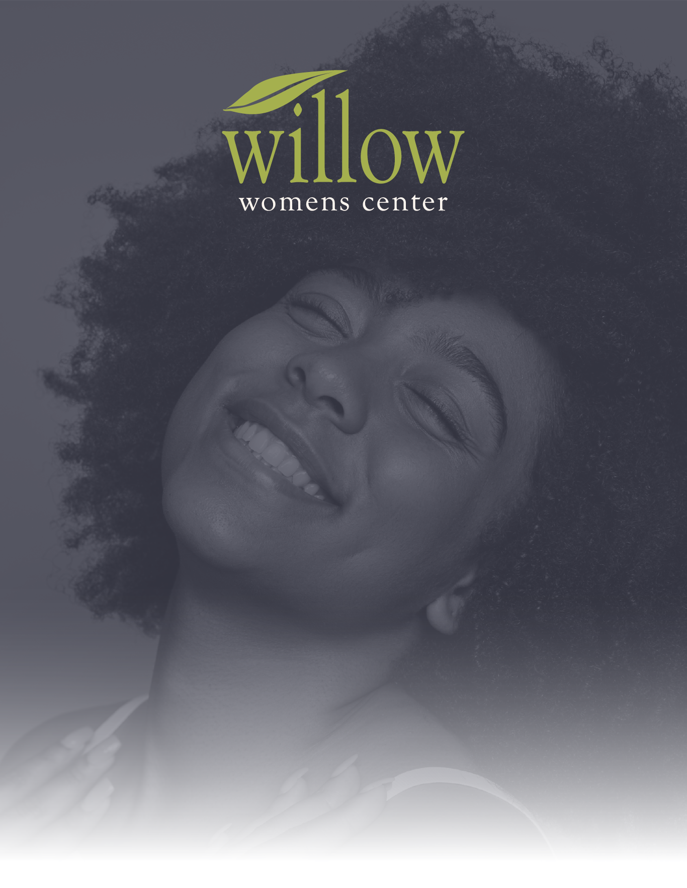 Willow Womens Center logo over smiling face on a dark background