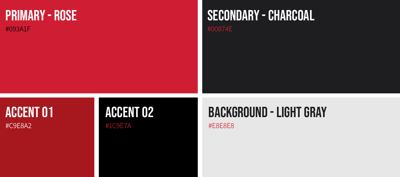 Color palette swatches labeled primary rose, secondary charcoal, accent red, and light gray.