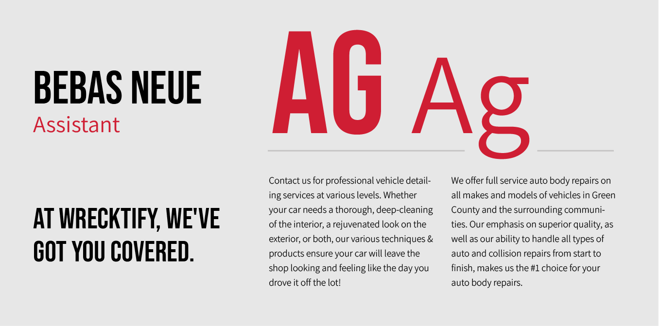 Typography poster comparing Bebas Neue and AG Ag in black and red on a white background.