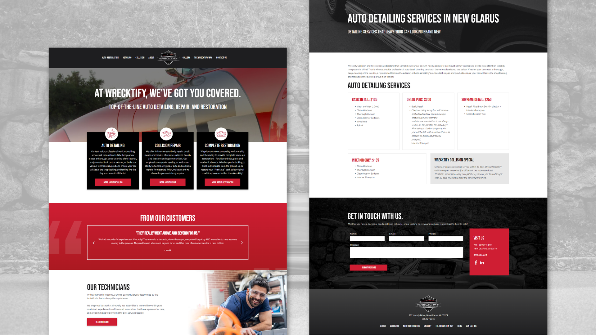 Website landing page mockup with red and black sections, service cards, pricing, and a contact form