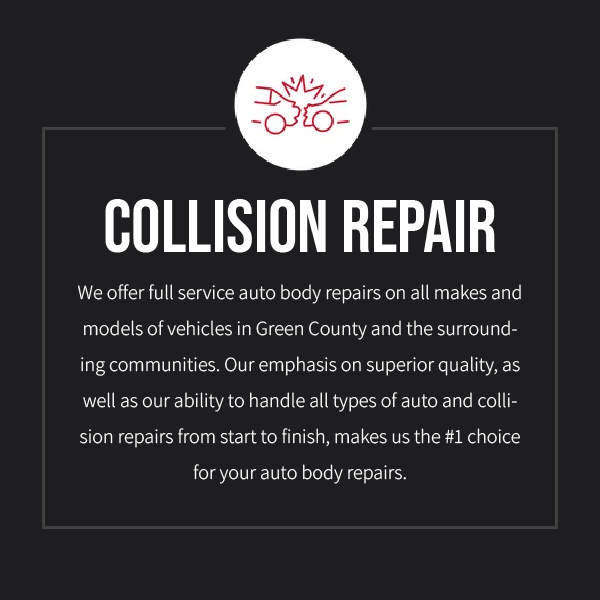 Collision Repair service ad with white text on a dark background and a red car icon