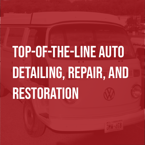 Red ad with a white van and text: “Top-of-the-line auto detailing, repair, and restoration”