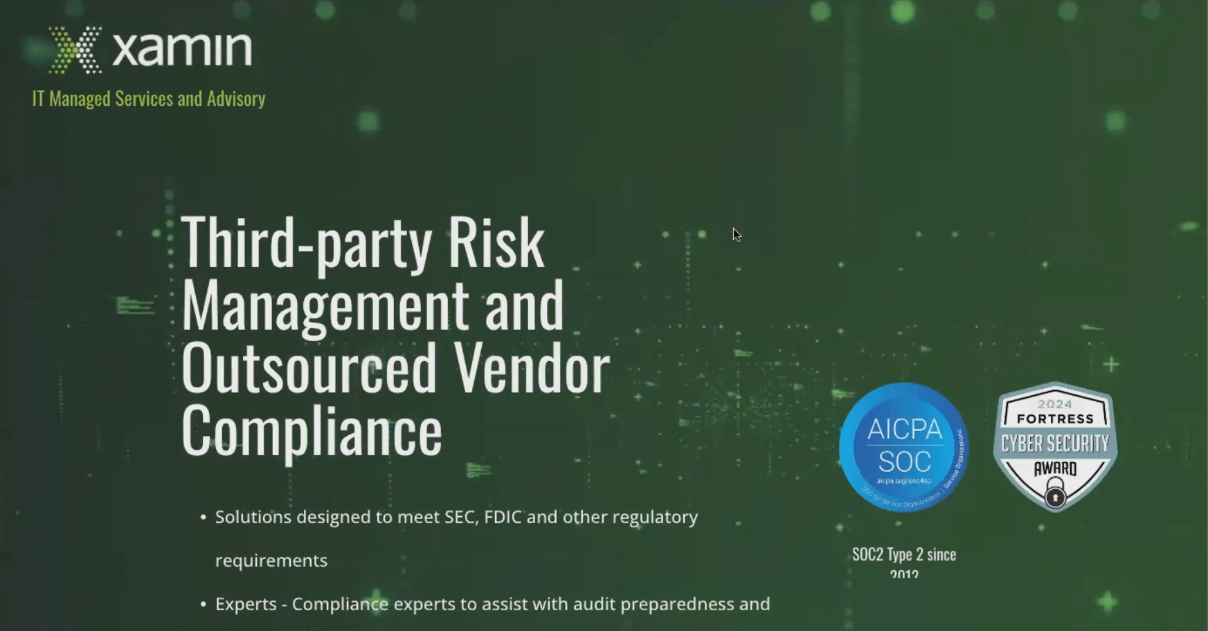 Green Xamin banner for “Third-party Risk Management and Outsourced Vendor Compliance,” with certification badges.