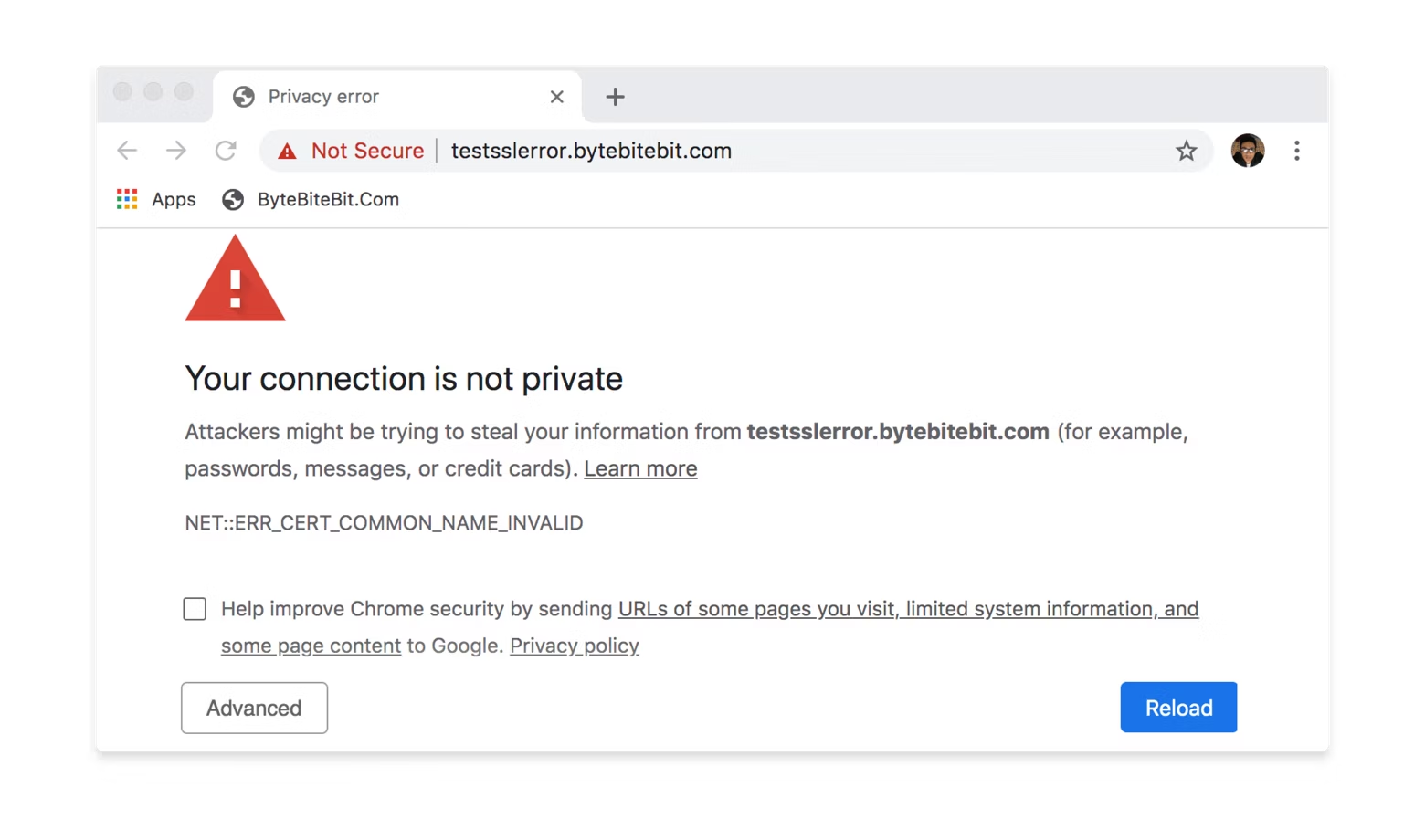 Chrome security warning page: “Your connection is not private” with red triangle and blue “Back to safety” button