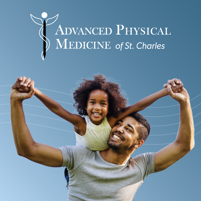 Advanced Physical Medicine of St. Charles logo over a smiling man and child against a blue background