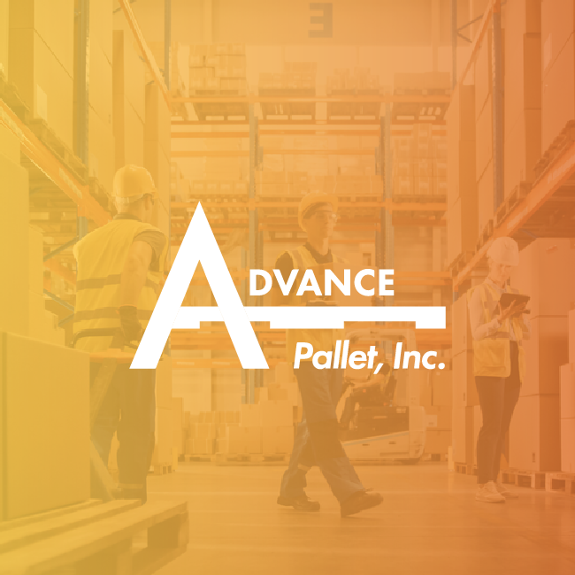 Advance Pallet, Inc. logo over orange-tinted warehouse scene with workers and pallets