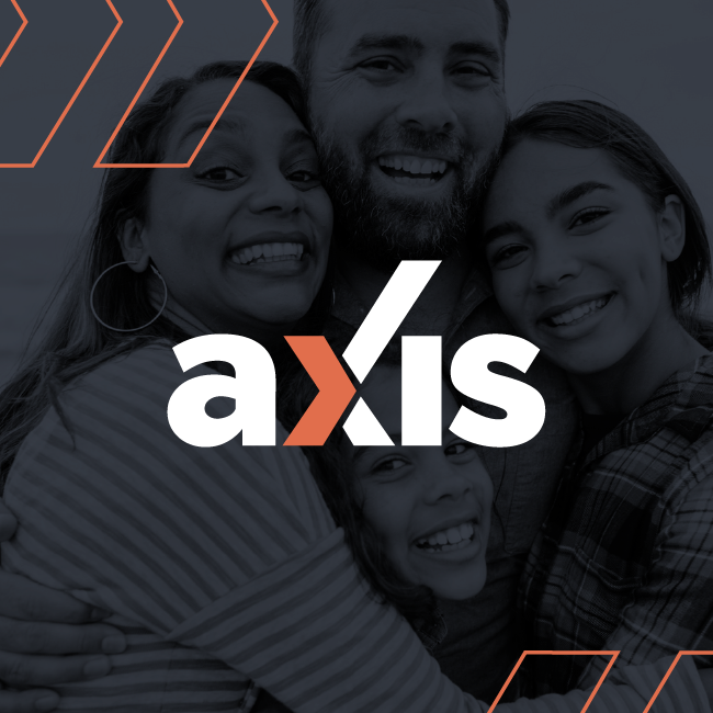 Axis logo over a dark-tinted group photo with orange geometric accents