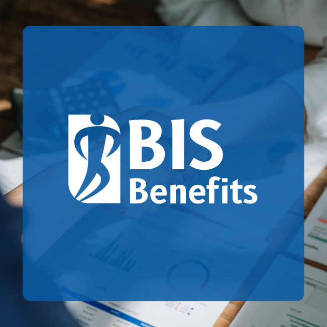 BIS Benefits logo on a blue square overlaying blurred paperwork background