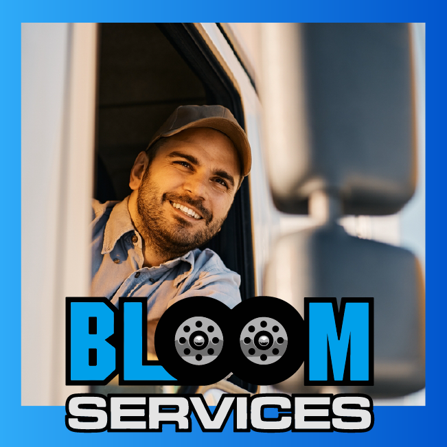 Smiling man leaning from a truck window above Bloom Services logo in blue and black