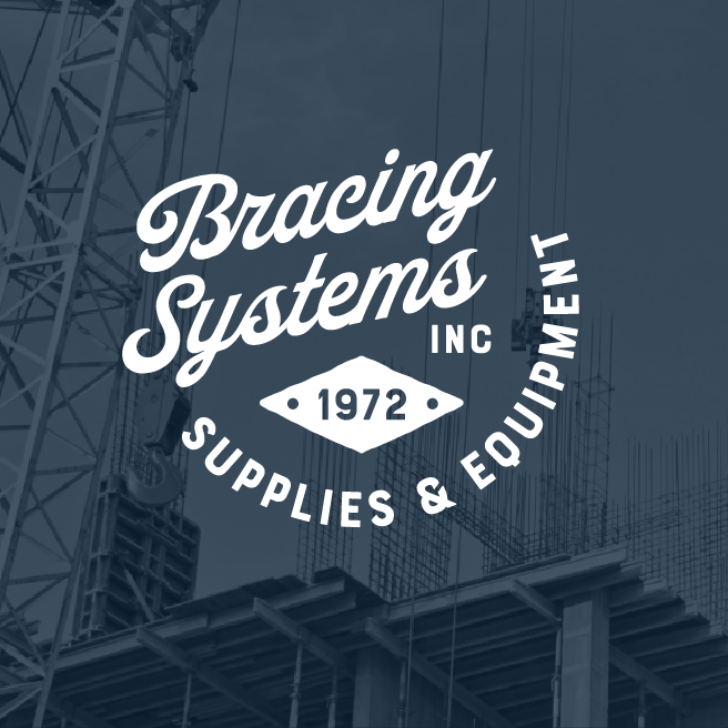 Bracing Systems Inc. logo in white on a dark industrial background, with “1972” and “Supplies & Equipment” text