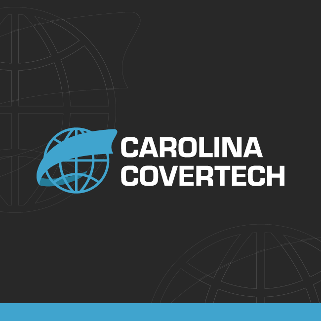 Carolina Covertech logo in white and blue on a dark background with globe graphic