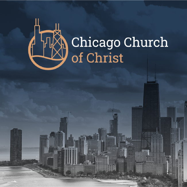Chicago skyline with Chicago Church of Christ logo and text over a dark cityscape