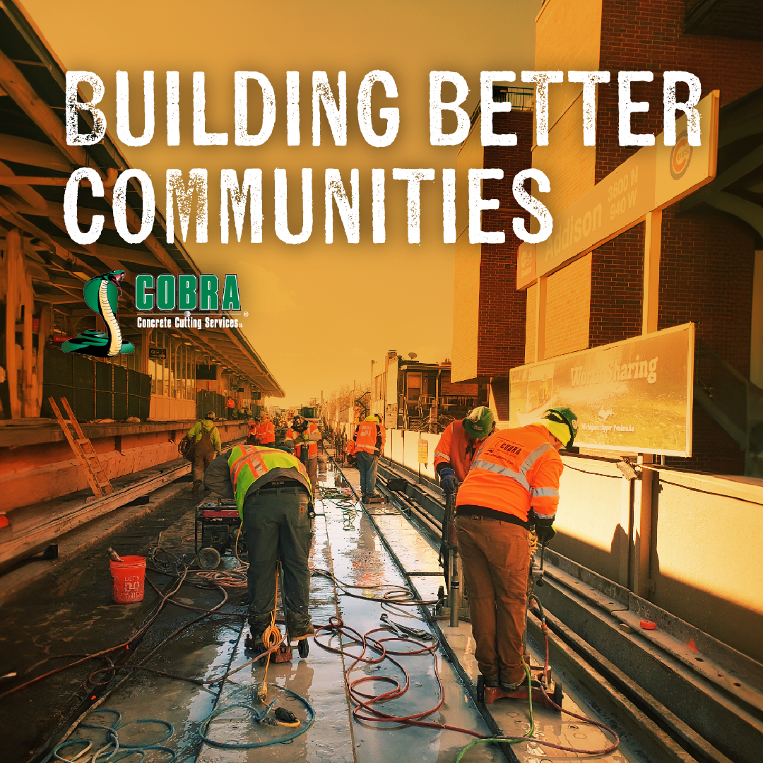 Road crew in orange safety vests repairing pavement under a bridge, with “Building Better Communities” text.