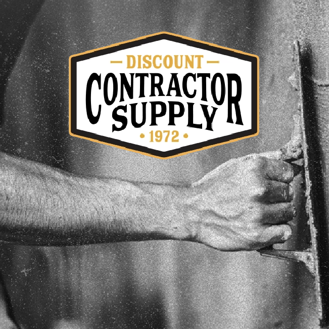 Discount Contractor Supply logo over black-and-white photo of a worker’s arm pulling a cable or tool