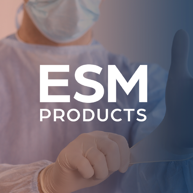 ESM Products logo over a clinician adjusting a glove in a medical setting