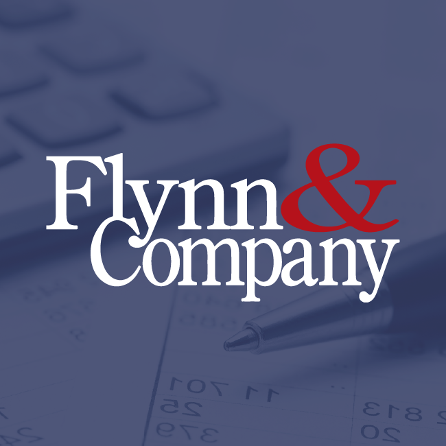 Flynn & Company logo in white and red on a dark blue background