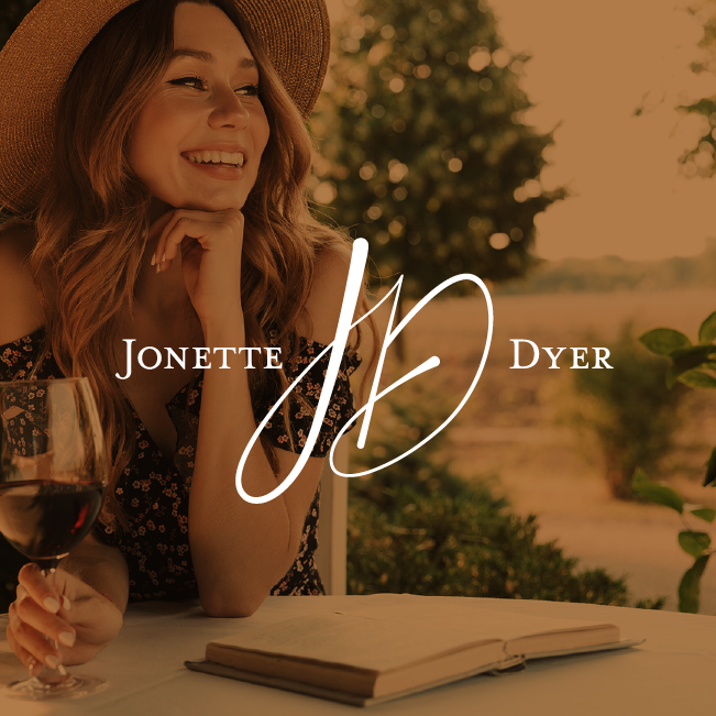 Woman smiling with a wine glass at an outdoor table, overlaid with the text “Jonette Dyer” and a monogram logo