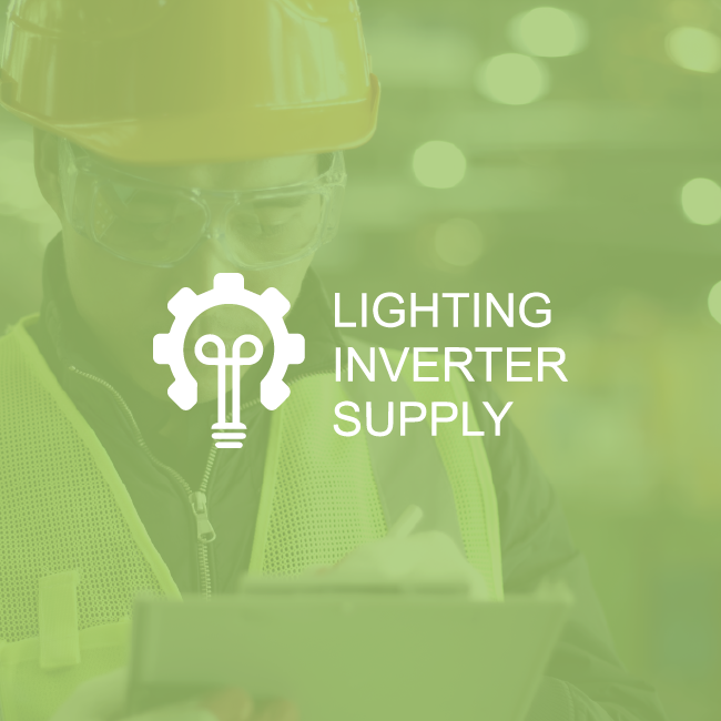 Worker in hard hat with tablet beside “Lighting Inverter Supply” logo in green-toned industrial scene