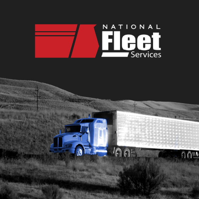 National Fleet Services logo above a blue semi-truck with white trailer on a dark landscape background