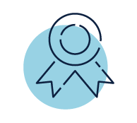 Blue award badge icon with a circular ribbon and rosette outline
