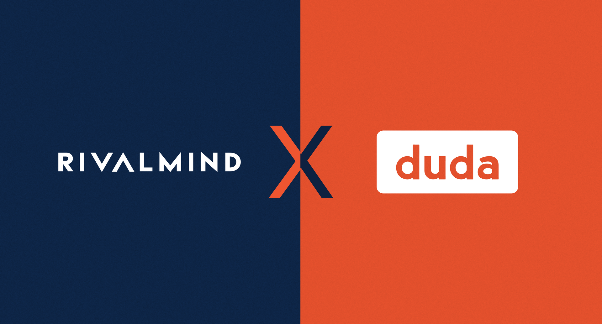 RivalMind and Duda logos on a split navy-and-orange background with an X between them
