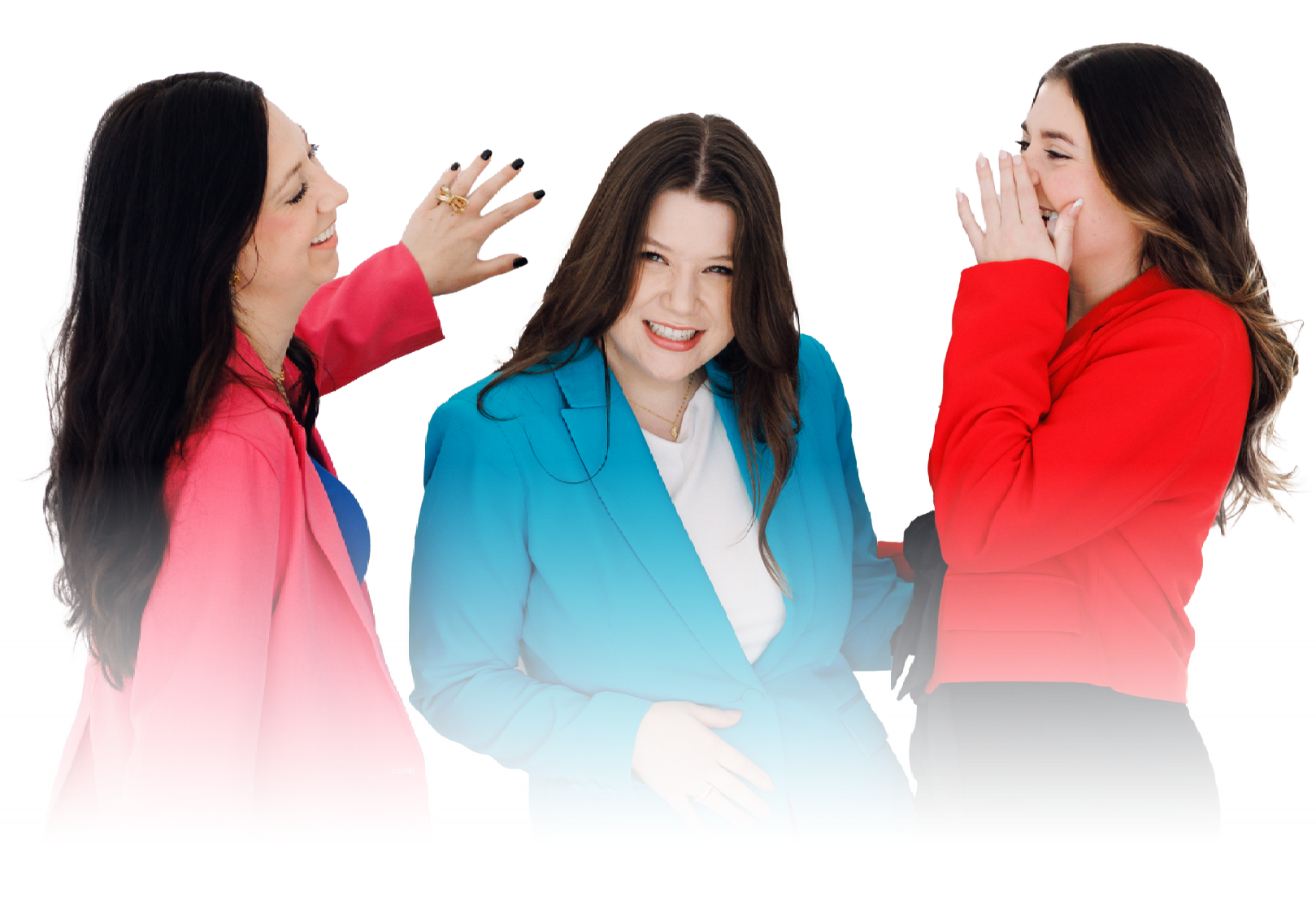 Three women in colorful blazers gesturing toward a smiling woman in a blue blazer on a white background