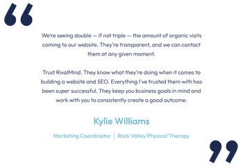 Quote testimonial graphic on a white background with blue text and large blue quotation marks.