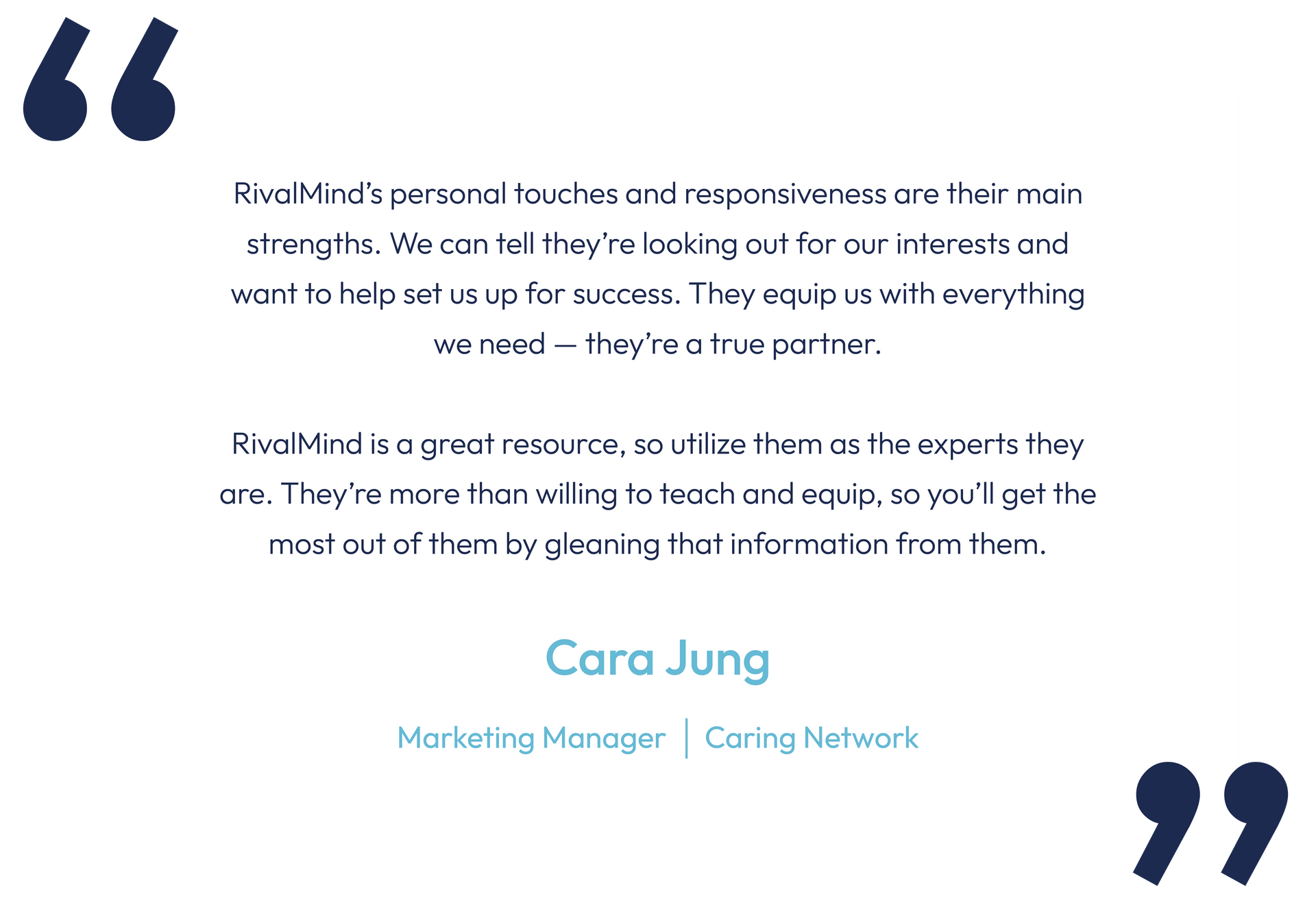 White quote card with a marketing quote attributed to Cara Jung in blue text.