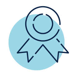 Blue award ribbon icon with a circular seal and two ribbon tails