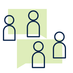 Four outlined people icons over overlapping light green speech bubbles