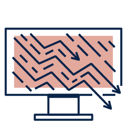 Computer monitor with downward arrows and slanted lines, suggesting a drop or decline in data or performance
