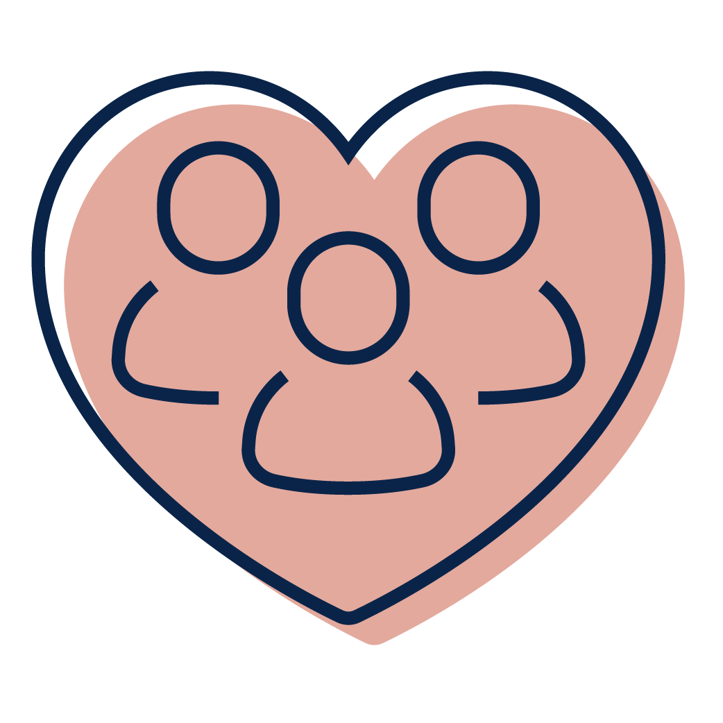 Heart-shaped icon with three stylized people in navy outline on a pink background