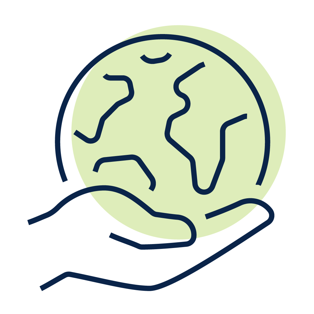 Hand holding a green globe with simplified continent outlines