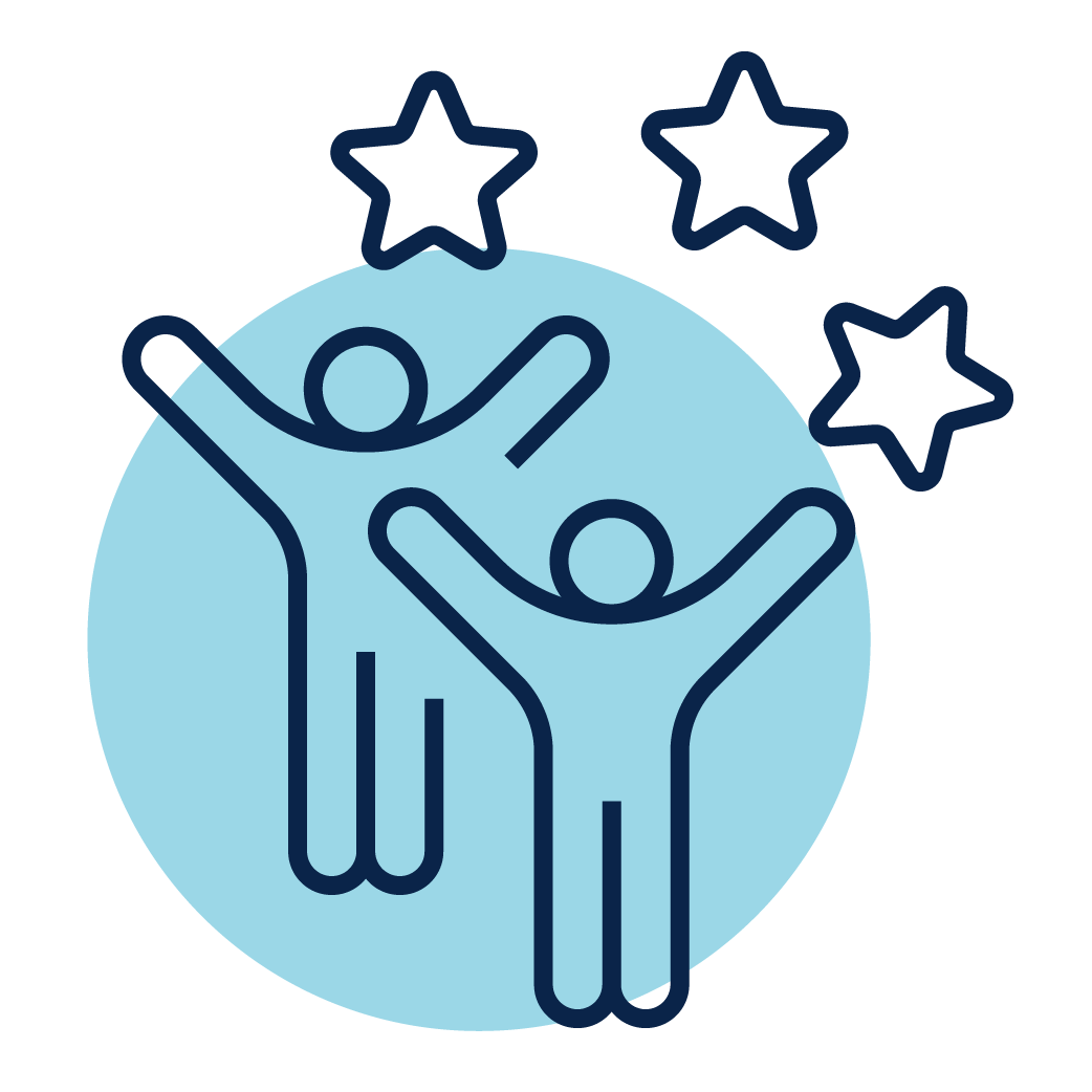 Two outlined people raising arms inside a blue circle with three stars above.