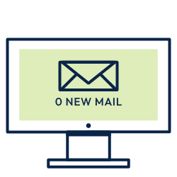 Computer monitor showing an envelope icon and “0 NEW MAIL” on a light green screen
