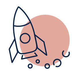 Simple line rocket launching with a peach smoke cloud and small stars on white background