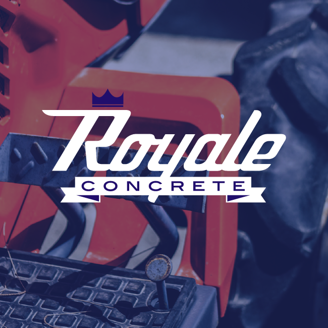 Royale Concrete logo over a red construction machine background