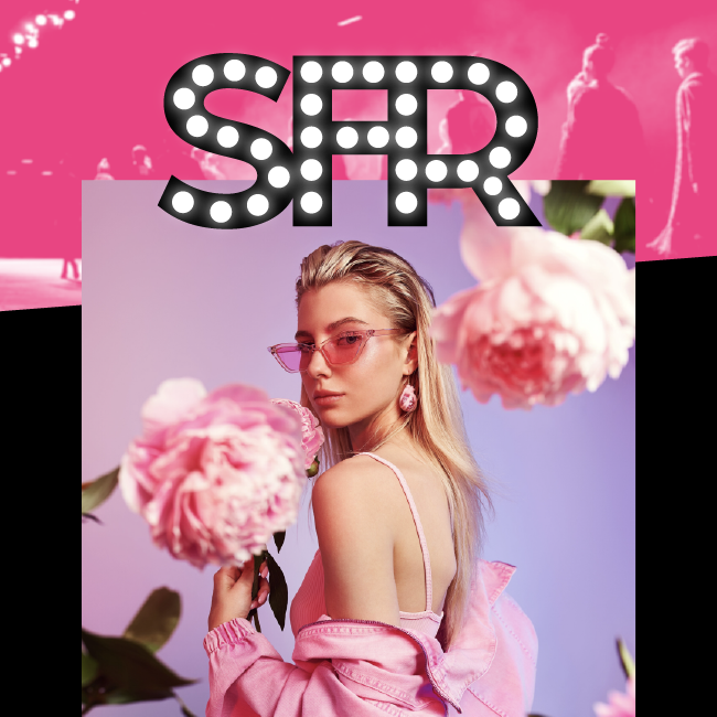 Woman in pink posing with flowers beneath an “SFR” logo on a pink background