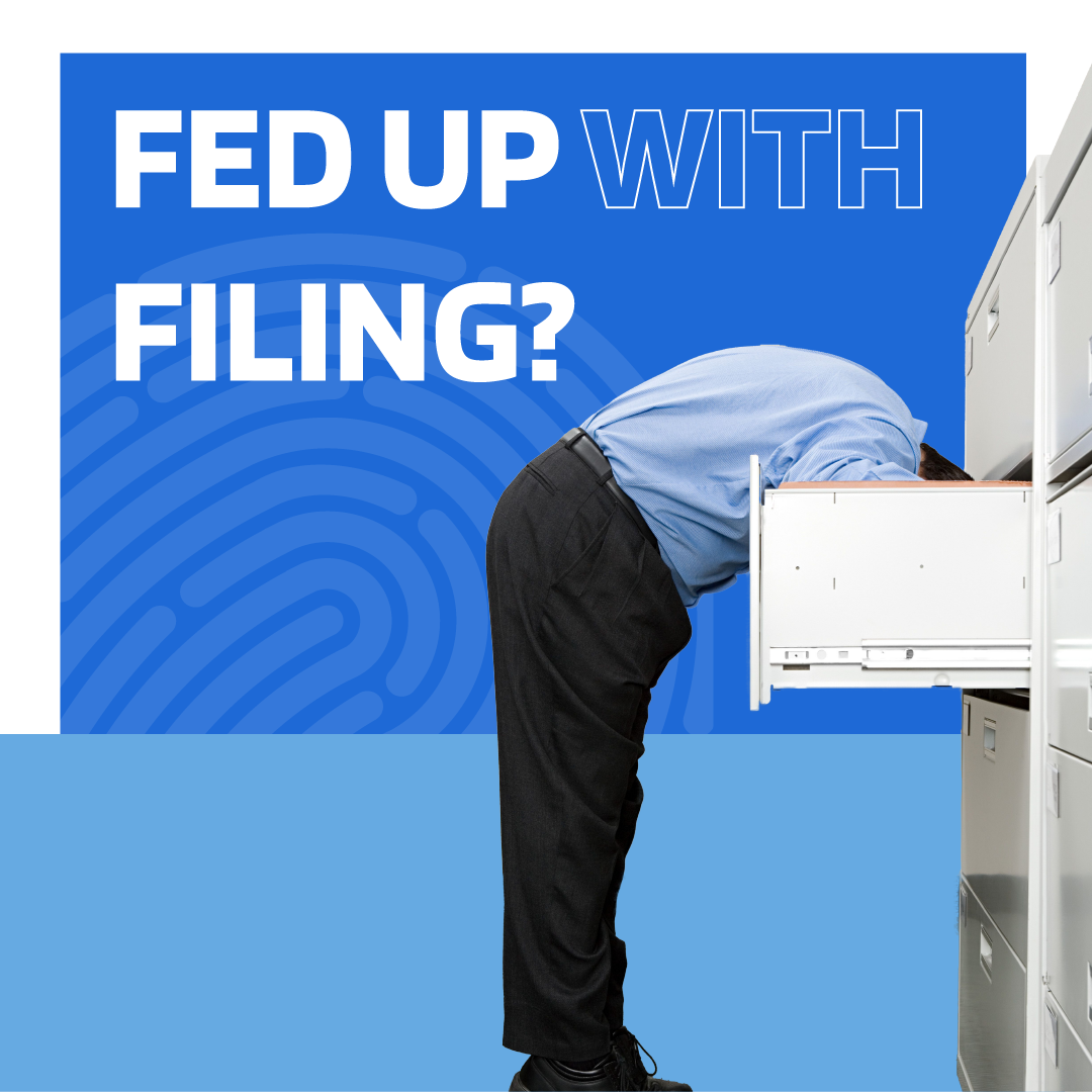 Blue ad showing a person bending into an open filing cabinet with the text “FED UP WITH FILING?”