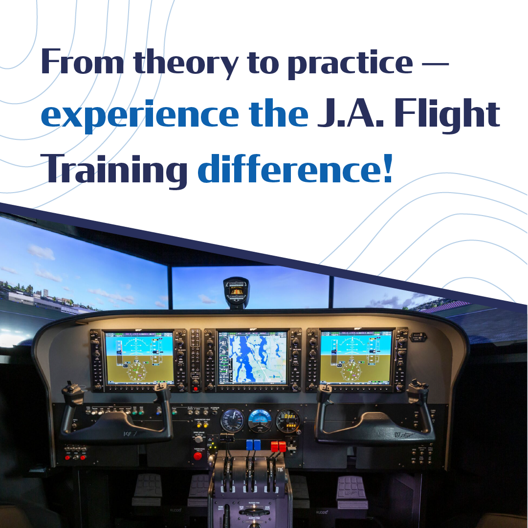 J.A. Flight Training promo showing a cockpit simulator with blue text: “From theory to practice.”
