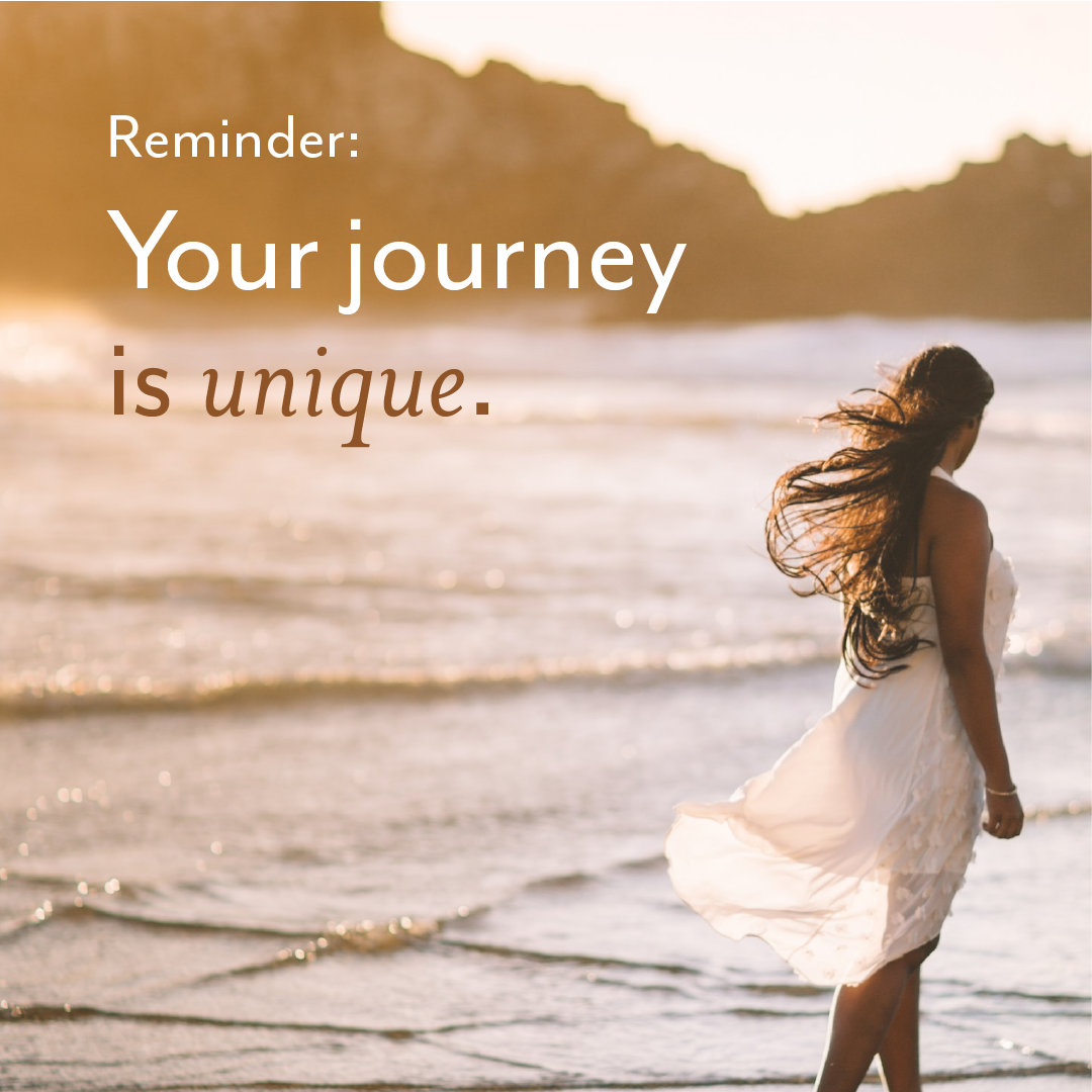 Beach sunset with text reading, “Reminder: Your journey is unique,” beside a woman walking by the water