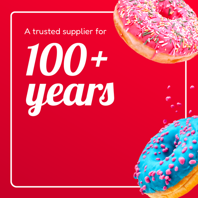 Trusted supplier for 100+ years, with pink and blue frosted donuts on a red background