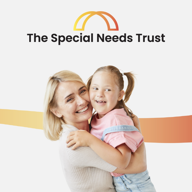 The Special Needs Trust logo with a smiling woman hugging a child on a white background