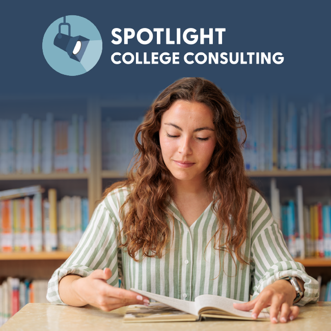 Student reading at a desk in a library, with “Spotlight College Consulting” logo above.